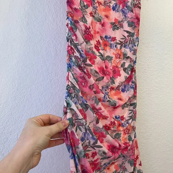 Vici Dee Elly Floral Mesh Ruched‎ Sleeveless Midi Dress L Wedding Guest Formal - Picture 3 of 12